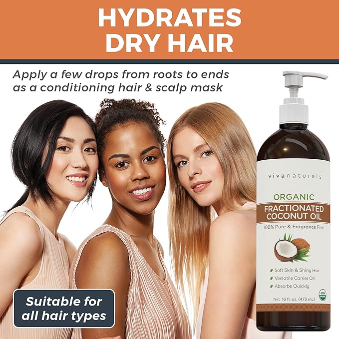Viva Naturals Organic Fractionated Coconut Oil - Skin & Hair Moisturizer, Relaxing Massage and Body Oil, Carrier Oil for Essential Oils Mixing, Pure Non-Greasy Coconut Oil for Skin and Hair, 16 fl oz