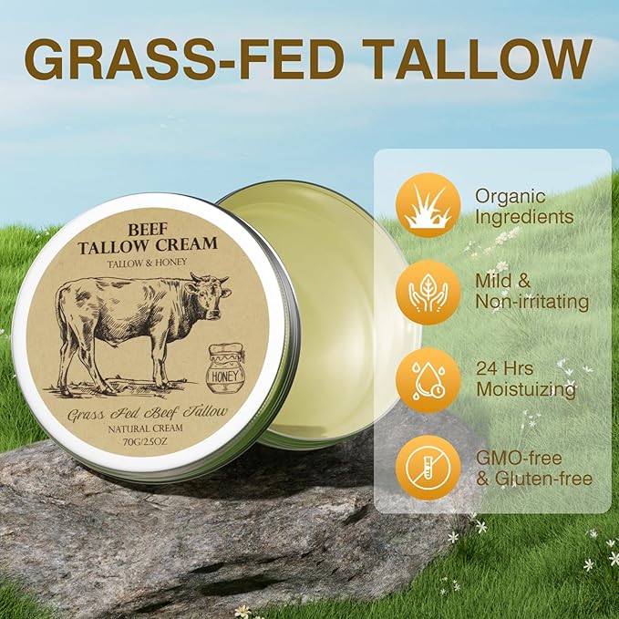 Beef Tallow for Skin, Tallow and Honey Balm,Tallow Face Moisturizer, Natural Grass-Fed Beef Tallow Balm with Raw Honey Moisturizing Cream for Body Lotion Skin Care