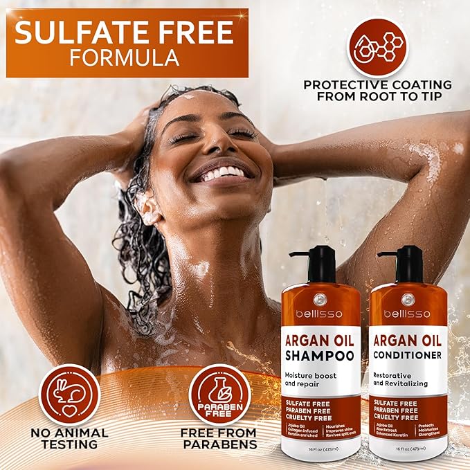 Moroccan Argan Oil Shampoo and Conditioner Set - Sulfate Free with No Parabens - Botanicals for Women and Men - Professional Moisturizing, Anti Frizz, Hydrating Solution for Dry, Wavy and Curly Hair