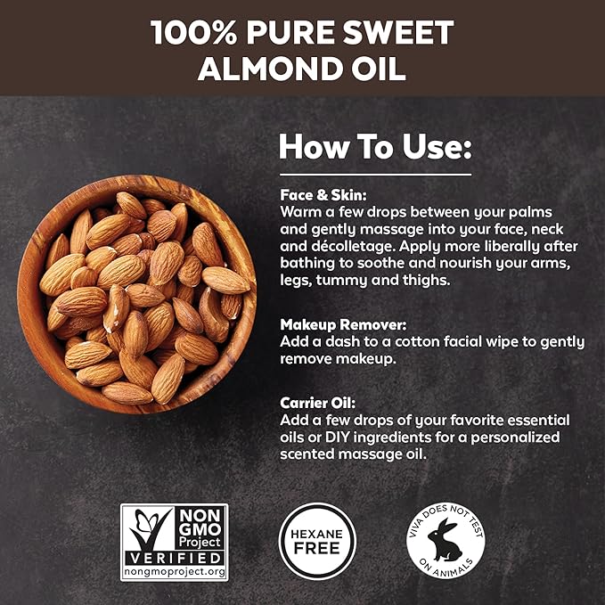 Viva Naturals Sweet Almond Oil for Skin - Body Oil, Hair Moisturizer and Relaxing Massage and Oil, Carrier Oil for Essential Oils Mixing, Non-Greasy Pure Sweet Almond Oil for Hair and Skin, 16 fl oz
