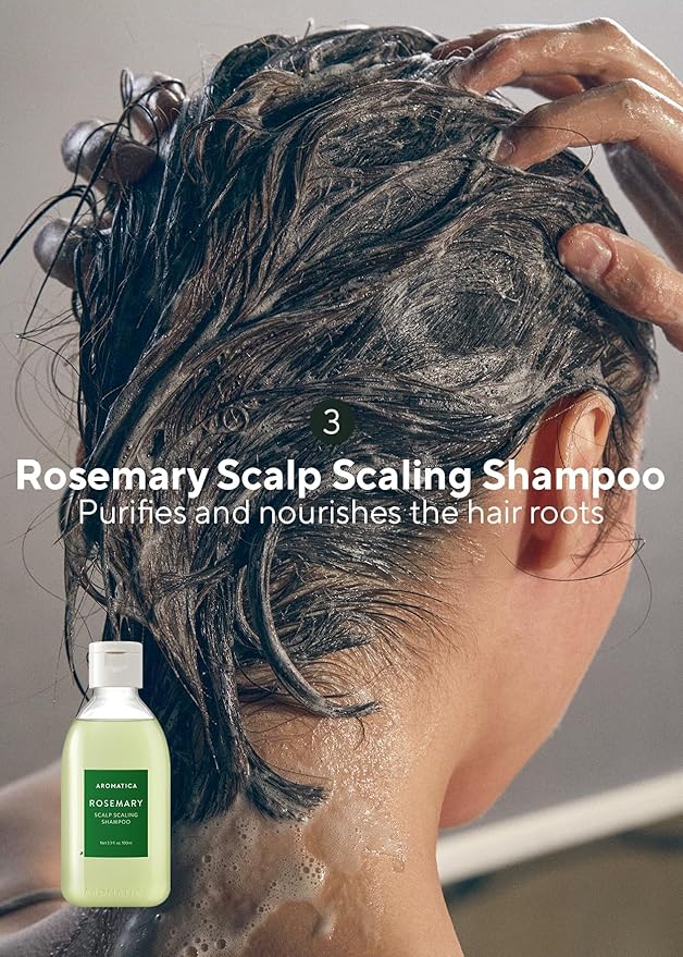 AROMATICA Rosemary Scalp Scaling Trial Kit - Travel Size Korean Hair Care Kit for Women with Mini Wooden Brush, Gentle Exfoliating Scalp Care for Hair Growth Product, with Rosemary Oil & Vegan Formula