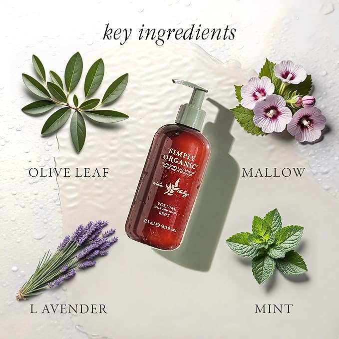 SIMPLY ORGANIC Thinning Hair Volumizing Deep Conditioner Scalp Rinse, Made in Italy, All Natural Cruelty Free Hair Care for Women & Men, Lavender, Mint, Olive Leaf Extract, 251ml/8.5floz, VOLUME