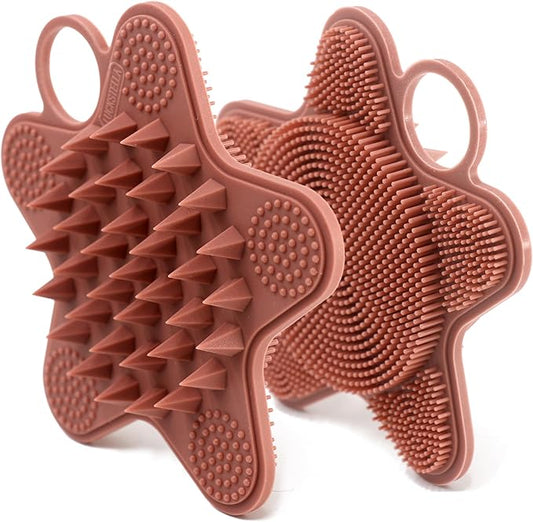 LUCKSTELLA 100% Silicone Dual-Sided Shower Brush – Star-Shaped Body Scrubber & Scalp Massager, Gentle for Hair & Skin (Coffee)