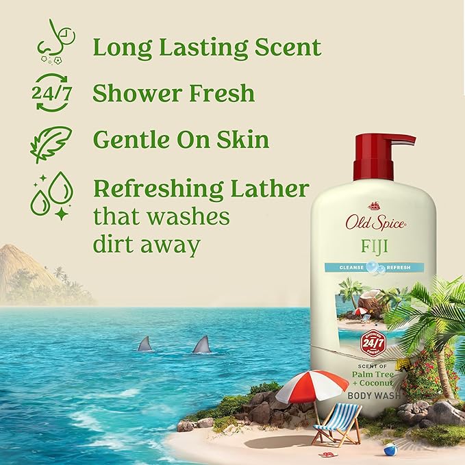 Old Spice Body Wash for Men, 24/7 Shower Fresh with Lasting Scent, Cleanse & Refresh, Gentle on Skin, Vitamin B3, Fiji with Palm Tree + Coconut Scent, 25 oz (Pack of 4)