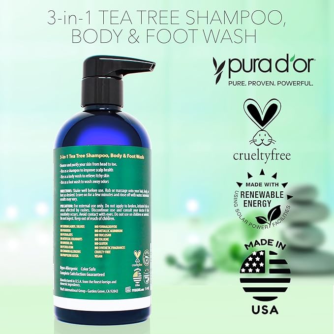 PURA D'OR 3-in-1 Tea Tree Shampoo, Body & Foot Wash, Shampoo (16oz x3 = 48oz) Total Body Care - Foot Odor & Daily Hygiene, Cleansing Routine, Post-Workout Refreshment - Soothes, Invigorates, Nourishes