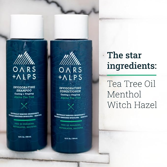 Oars + Alps Men's Sulfate Free Hair Shampoo and Conditioner Set, Infused with Witch Hazel & Tea Tree Oil, Clarifying & Refreshing, Alpine Tea Tree Scent, 2 Pack, 12 Fl Oz Each