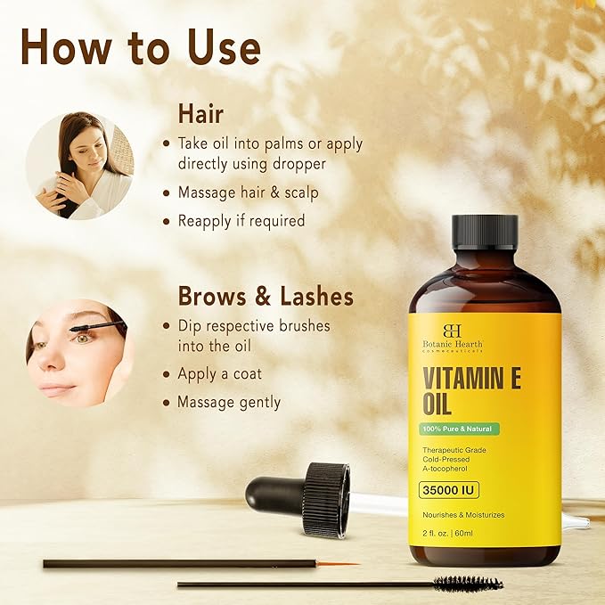 Botanic Hearth Vitamin E (Styling Oil, Glass Bottle 2 Fl Oz) | 100% Pure & Natural | 35,000 Iu | For Growth Of Nails, Hair, Eyebrows & Eyelashes | Includes Brush Set | Hair & Body Oil