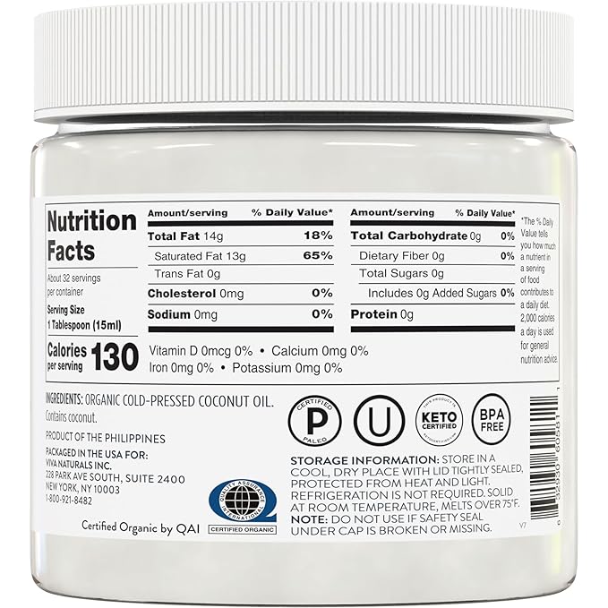 Viva Naturals Organic Coconut Oil - Unrefined, Cold-Pressed Extra Virgin Coconut Oil, USDA Organic and Non-GMO Cooking Oil, Great as Hair Oil and Skin Oil, 16 Fl Oz