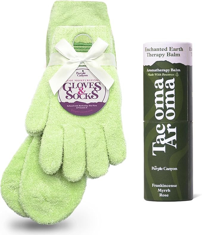 Purple Canyon Fuzzy Socks & Gloves and Essential Oil Balm Spa Kit | Green Socks and Gloves Infused with Aloe Vera and Vitamin E Oil | Beeswax Miracle Balm for Cracked Heel Repair and Foot Care