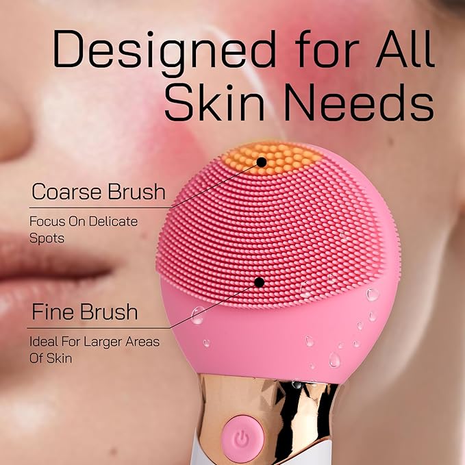 Bella Ciao Facial Cleansing Brush for Women – Rechargeable Silicone Face Scrubber, 4 Massage Settings, Exfoliating & Massaging, Water Resistant – Standing Base, Pink