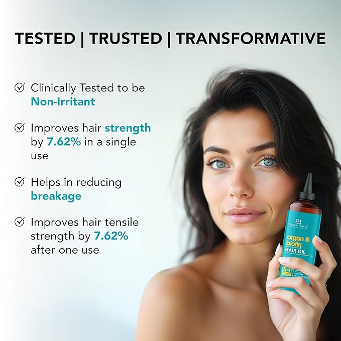 Botanic Hearth Argan & Biotin Oil to Tame Frizz and Add Shine (6.7 fl oz)| Infused with Biotin, Argan Oil | Hair Oil Repairs Dry Damaged Hair, Strengthening, Moisturizing, Healthier Hair