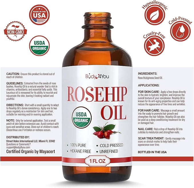 BodyJ4You Rosehip Oil for Face - 100% Pure Natural USDA Organic Cold Pressed - Hydrating Skin Hair Nails Anti-Aging Wrinkle Scar Treatment Gua Sha - Non-GMO Undiluted Carrier - Glass Bottle 1 Fl Oz
