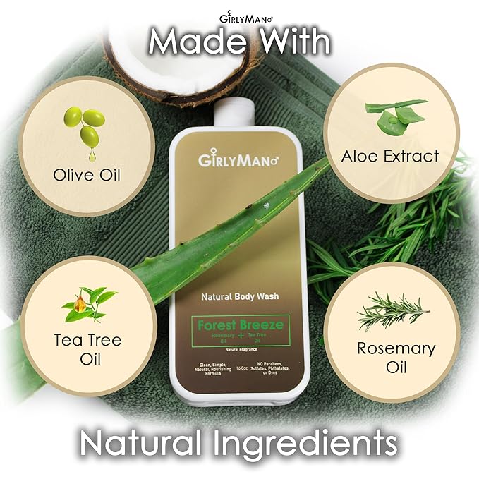 GirlyMan Natural Body Wash - Made with Olive Oil & Aloe Extract, No Artificial Fragrance, PH Balanced, Gentle Formula, Nourishing Ingredients, Family Owned (Rosemary Tea Tree)