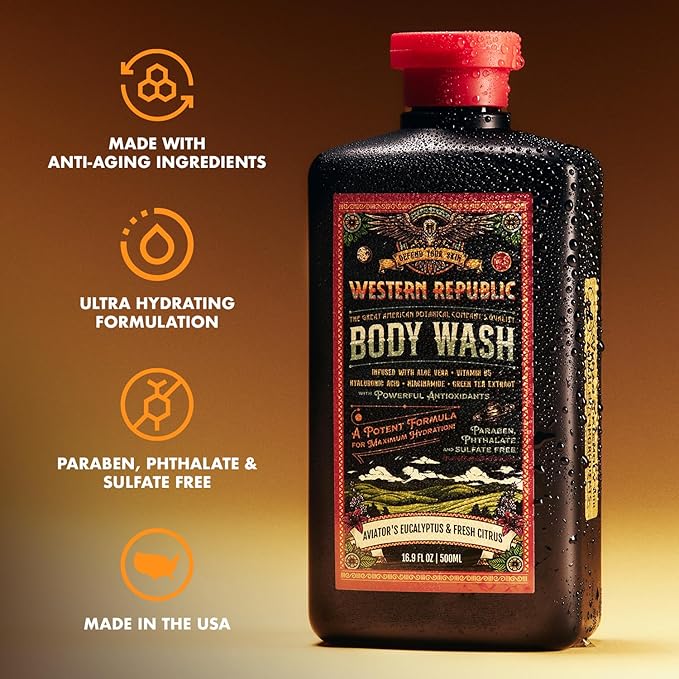 Men's Body Wash | Aviator's Eucalyptus & Fresh Citrus Scent | Hydrating & Anti-Aging Formula with Aloe, Niacinamide & Hyaluronic Acid (2 Pack) | Made in USA