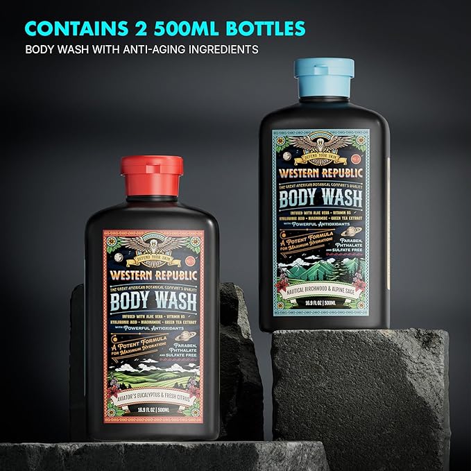 Men's Body Wash | Nautical Birchwood & Alpine Sage Scent and | Hydrating & Anti-Aging Formula with Aloe, Niacinamide & Hyaluronic Acid (2 Pack) | Made in USA