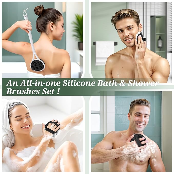 Silicone Back & Body & Face Scrubbers Set 4PCS, 15.35’’ Soft Back Scrubber for Dual-Side Usage, Easy-to-Hold Bath Glove Body Scrubber Face Scrubber for Good Foaming & Deep Cleaning(Black)