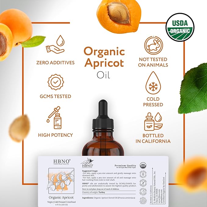 HBNO Organic Virgin Apricot Oil - 4 oz (120ml) Value Size - Ideal for Shampoos, Conditioners, Lip Balms, Face wash, Lotions, and Skin Care Products.