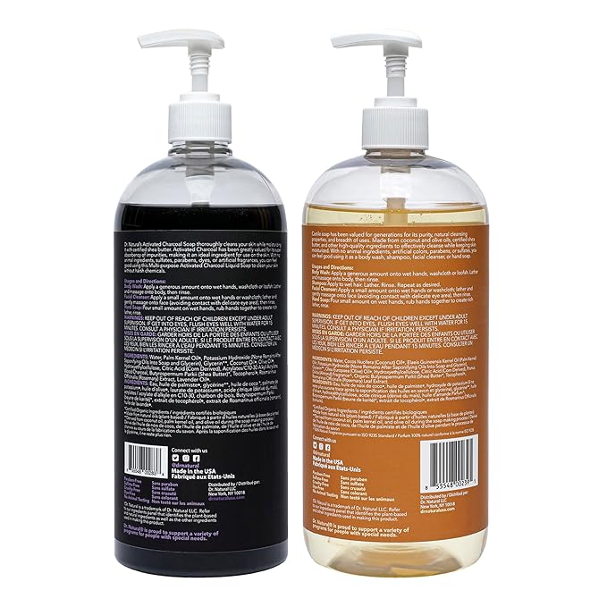 Dr. Natural Castile Liquid Soap - Multi-Use Body Wash, Shampoo, Face Wash - Hydrating Body Soap for Skin, Hair, Pets, Home - Lavender, Almond- 2 pc