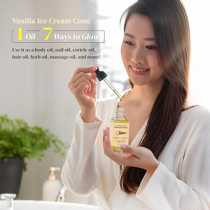 Vanilla Ice Cream Cone Body Oil - Premium Non-Greasy Oil & Body Moisturizer for Dry Skin & Glowing Skin with Sweet Almond, Jojoba, and Vitamin E Oil, 4 Fl OZ