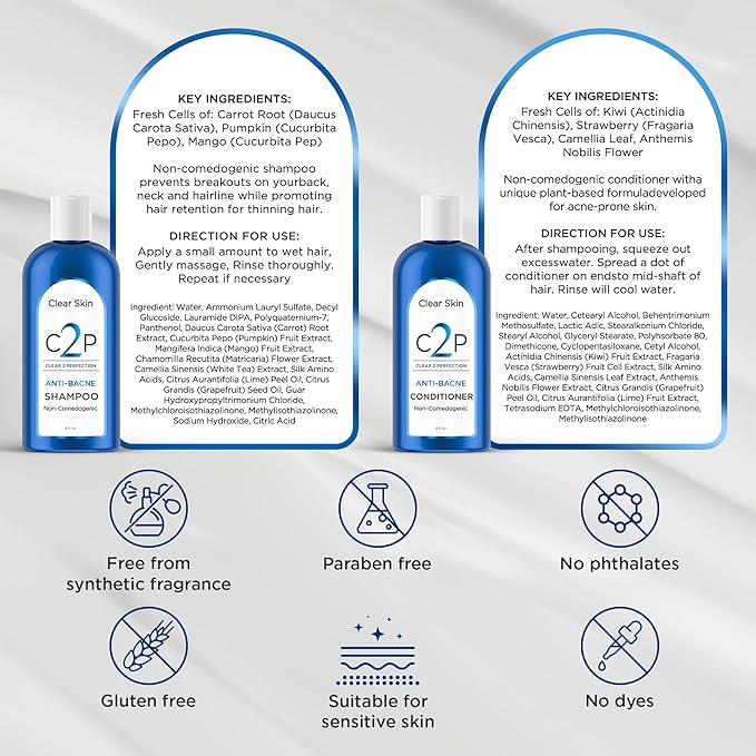 Non-Comedogenic Clear 2 Perfection Shampoo - Sulfate & Paraben-Free for Clear, Healthy Skin & Hair - Esthetician Formulated