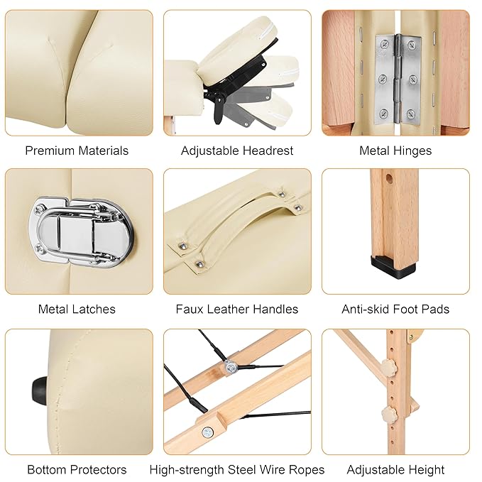 Yaheetech Massage Table Lash Bed Portable Massage Spa Bed Beauty Tattoo Table Adjustable for Eyelash Tech Physical Therapy Couch, Cream