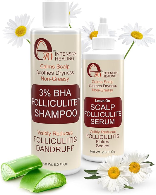 3% BHA Folliculitis Shampoo & Leave-On Hair Serum Set - Made with Salicylic Acid, Aloe Vera & Tea Tree Oil - Moisturizing Shampoo & Hair Oil for Dry Itchy Scalp and Head Acne by e70