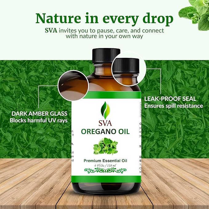 SVA Oregano Essential Oil – 4 Fl Oz – 100% Natural Oregano Oil - for Diffuser, Hair Care, Face, Skin Care, Aromatherapy, Scalp and Body Massage, Soap and Candle Making – with Dropper