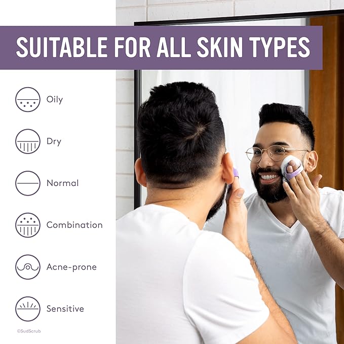 Sud Scrub® Antimicrobial Silicone Face Scrubber, 1 Pack, Gentle Face Exfoliator for Sensitive Skin, Eco Friendly Facial Cleansing Brush, Exfoliating Face Brush for Men and Women (Purple)