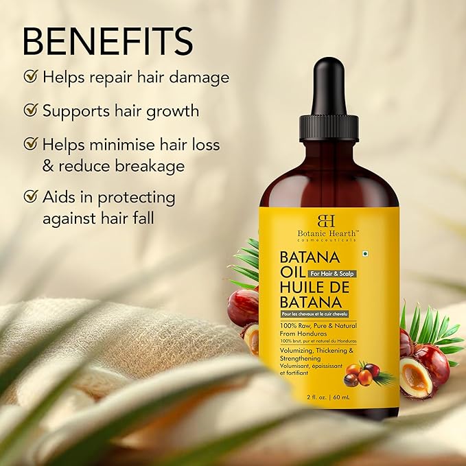 Botanic Hearth Dr Sebi Batana Oil for Hair Growth- Weightless(Glass bottle 2 fl oz) | 100% Pure & Unrefined Oils from Honduras, Lightweight Summer Hair Oil for Strengthening & Volumizing
