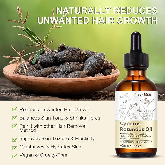 Cyperus Rotundus Oil for Hair Removal, 100% Natual Cyprus Rotundus Oil Cypress Oils Hair Inhibitor, Reducing Body Hair Growth, Moisturizes & Soothes Skin, Shrink Pores, For All Skin Types, 2.02 Fl.Oz
