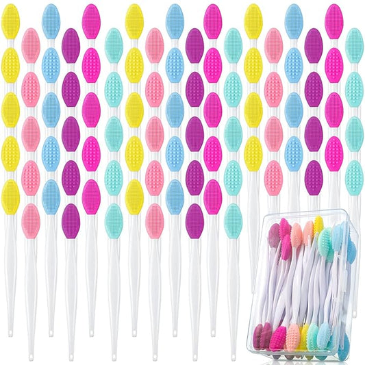 100 Pieces Lip Scrub Brushes Double Sided Silicone Exfoliating Lip Brush with Container Soft Silicone Face Lips Cleaning Tool Scrubber for Plump Smoother Appearance Multi Colored