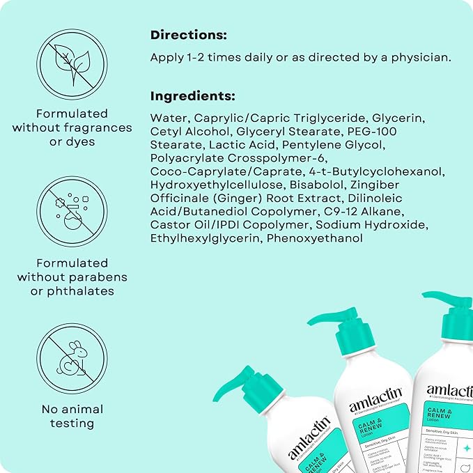 AmLactin Calm & Renew Lotion, 14.1 oz - Therapeutic Body and Face Moisturizer for Sensitive Skin - Exfoliator and Body Lotion for Dry Skin with Lactic Acid AHA and Soothing Ginger Root
