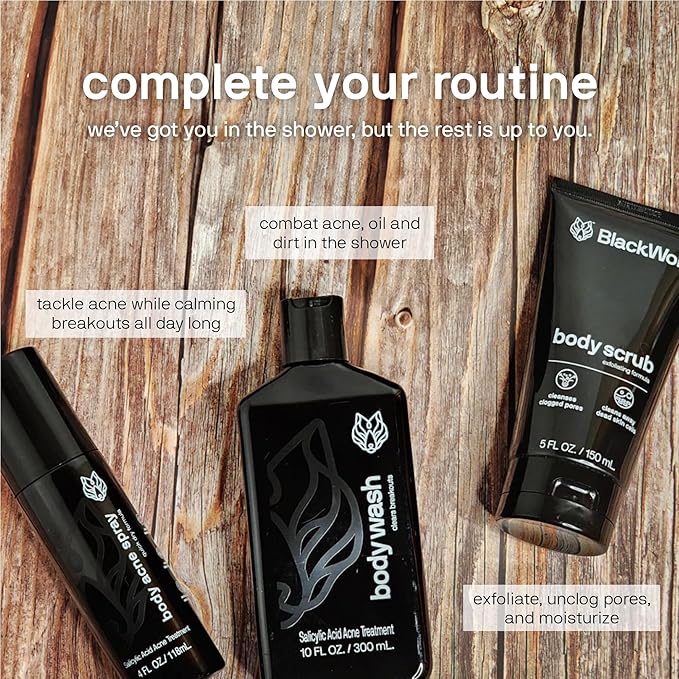 Black Wolf Salicylic Acid Body Wash for Men - 10 Fl Oz Men's Acne Body Wash - Charcoal Helps Reduce Acne Breakouts & Cleanse Your Skin - Full Coverage & Deep Clean Treatment - Men's Bodywash