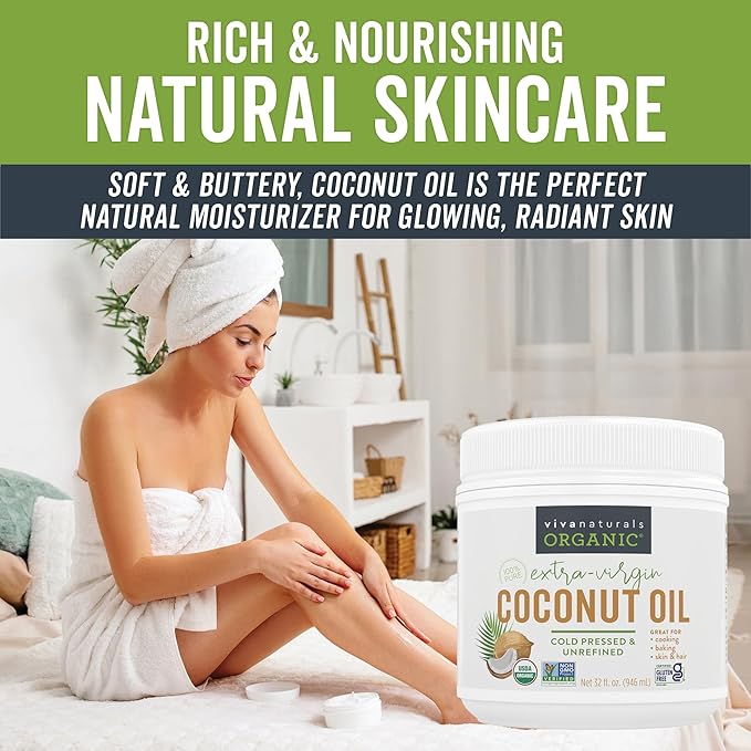 Viva Naturals Organic Coconut Oil - Unrefined and Cold-Pressed, Natural Hair Oil, Skin Oil and Cooking Oil with Fresh Flavor, Non-GMO Extra Virgin Coconut Oil (Aceite de Coco), USDA Organic, 32 Fl Oz (Pack of 1)