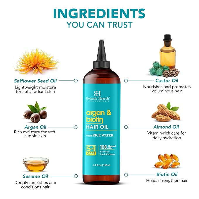 Botanic Hearth Argan & Biotin Oil to Tame Frizz and Add Shine (6.7 fl oz)| Infused with Biotin, Argan Oil | Hair Oil Repairs Dry Damaged Hair, Strengthening, Moisturizing, Healthier Hair