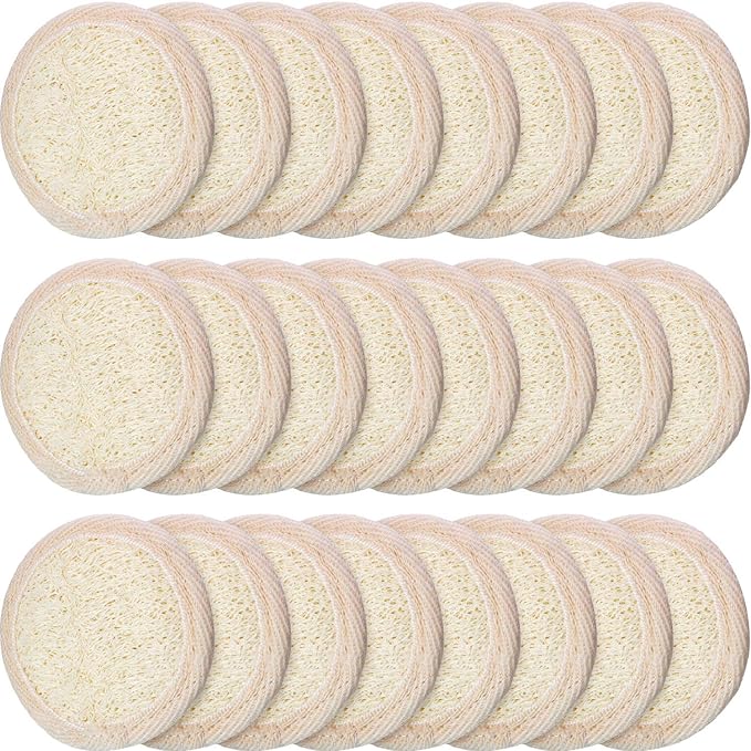 24 Pieces Exfoliating Loofah Pad Facial Body Scrubber Round Bath Shower Loofah Sponge Pad Natural Exfoliating Scrubber Brush Close to Skin for Men Women Shower Bath and Spa(6.5 x 6.5 cm)