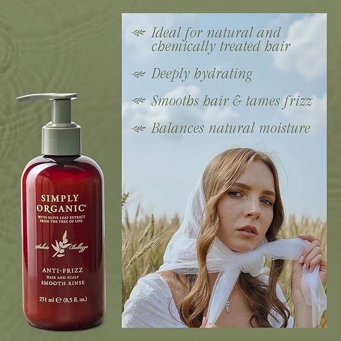 SIMPLY ORGANIC Frizz Control Deep Scalp & Hair Conditioner, Made in Italy, All Natural Cruelty Free Hair Care for Women & Men, Aloe, Jojoba Oil, Olive Leaf Extract, 8.5 fl oz/251ml, ANTI-FRIZZ