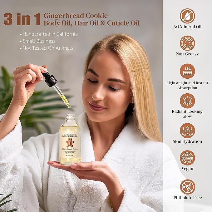 Gingerbread Cookie Body Oil: Moisturizing Body Oil for Soft, Glowing Skin with Almond & Jojoba Oil (4 fl oz)