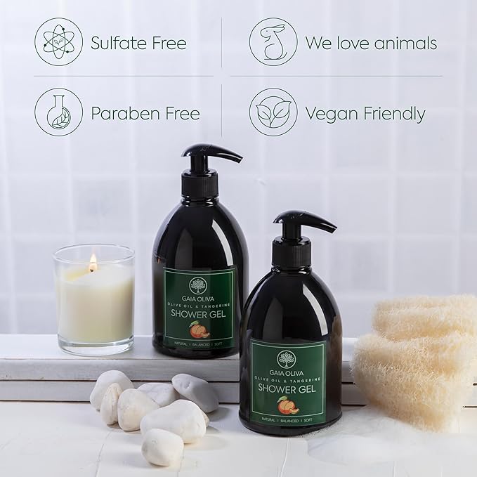 Olive Oil Shower Gel – Natural Body Wash with Tangerine, Hydrating, Moisturizing Body Wash for Women & Men, Plant-based Bath & Shower Gel for Dry Skin, 16.9 Fl Oz (Pack Of 2)