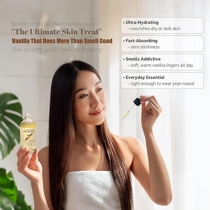 Warm Vanilla Bean Body Oil - Moisturizing Body Oil for Soft, Glowing Skin with Almond & Jojoba Oil (4 fl oz)