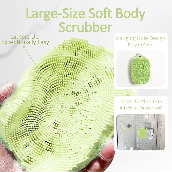 Soft Silicone Body Scrubber, Gentle Like a Hand Exfoliating Your Skin and Build Up Lather Easily, Back Large Suction Cup Easy to Store, Long-Lasting & Deep Clean （Green