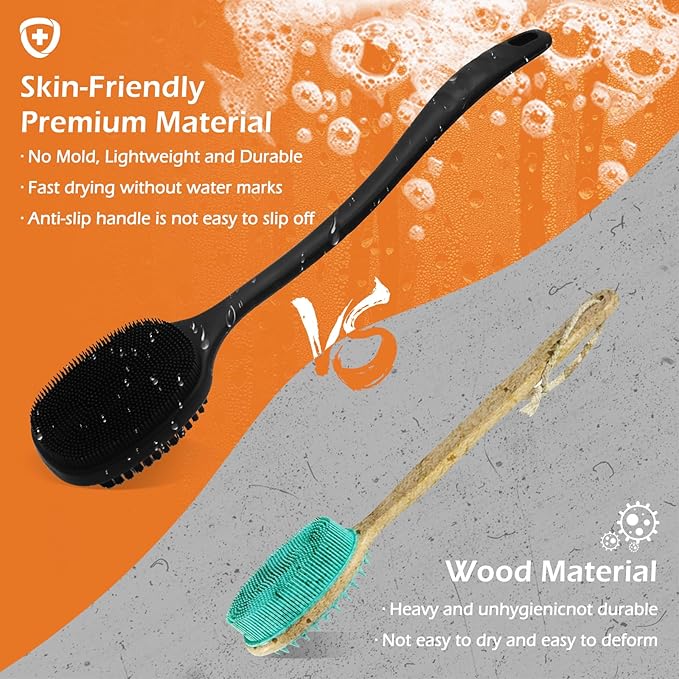 VWMYQ Back Scrubber for Shower, New Update Double Sided Body Scrub Brush Long Handle with Soft Silicone Bristles and Stiff Nylon Bristles for Shower Exfoliating and Massage Can Produce More Rich Foam