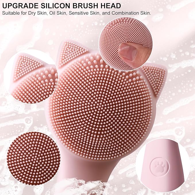 Facial Cleansing Brush, Silicone Face Scrubber Exfoliator for Men & Women, Electric Face Brush Waterproof, with 3 Speeds Adjustable for Deep Cleaning, Removing Blackhead, Face Massaging (Pink)