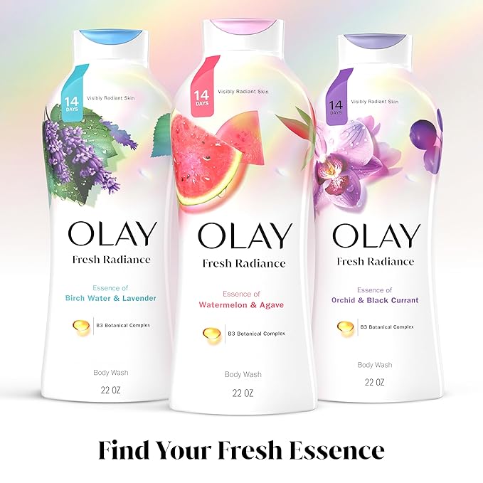 Olay Body Wash for Women, Fresh Radiance, Refreshing & Renewing, Made with Plant Based Cleansers, B3 Botanical Complex, For All Skin Types, Watermelon & Agave Scent, 22 fl oz (Pack of 4)