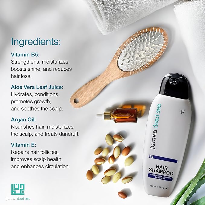 Juman Dead Sea Hydrating Shampoo with Essential Argan Oil | Aloe Vera, Vitamin E, & Vitamin B5 Infused Hair Shampoo | Hydrates, Restores & Protects | For Dry & Normal Hair | SLS & Paraben Free