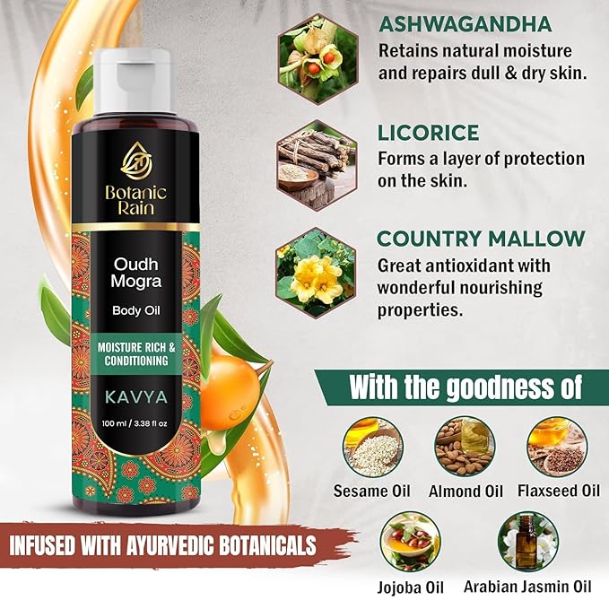 Ayurveda Body Oil with Oudh & Mogra – Organic, Nourishing & Hydrating for Dry, Flaky Skin – Fast Absorbing, Non-Greasy, Ayurvedic for Men & Women – 3.38 fl oz (Pack of 1)