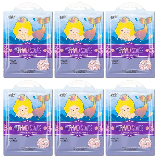 Epielle Animal Character Sheet Masks Mermaid Scales 6 Pack, Glowing & Nourishing Face Mask Skincare Set with Arbutin, Girls Spa Party Favors, Sleepover, Self Care Gifts for Women, Korean Skin Care