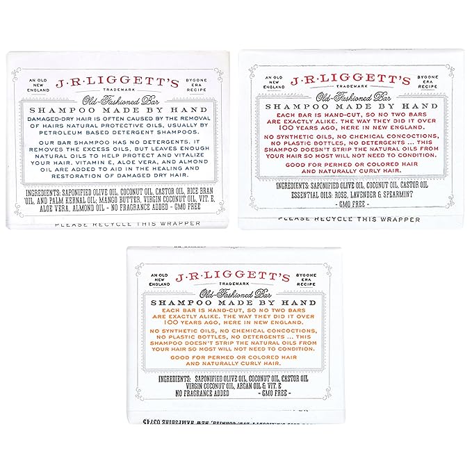 J.R.LIGGETT’S Original Formula, Moisturizing Formula and Coconut & Argan Oil Shampoo Bars - Plant-Based Nourishing Shampoo Bars for All Hair Types - Sulfate-Free for Healthy Hair - 3-Pack