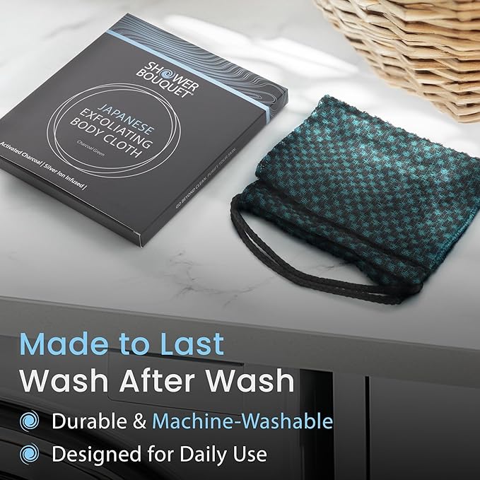 Japanese Exfoliating Washcloth for Back & Body 2-Pack - Charcoal & Silver Ion Exfoliating Towel with Handles - Two-Sided Gentle Exfoliation & Deep Cleanse Body Wash Cloths for Shower - 1 Blue, 1 Green