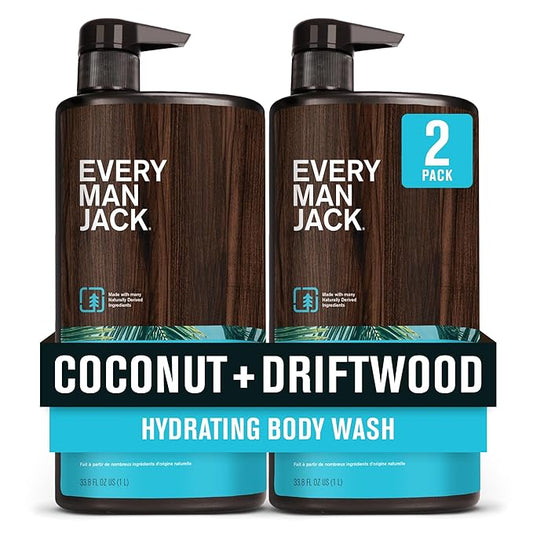 Every Man Jack Coconut + Driftwood Mens Body Wash for All Skin Types - Cleanse, Hydrate, and Smell Great - Free of Parabens, Phtalates, and Dyes - 33.8 fl oz (2 Pack)